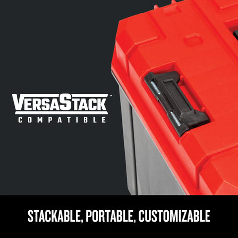 Side view of VersaStack Deep Tool Box Lockable 17 Inch Organizer, showing latches and IP54 water dust protection design.