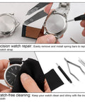 All In One Watch Spring Bar Tool Kit With Tweezers Scaled Bar Pushers, showing easy strap removal and cleaning cloth use.