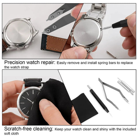 All In One Watch Spring Bar Tool Kit With Tweezers Scaled Bar Pushers, showing easy strap removal and cleaning cloth use.