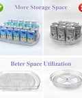 Rectangular and circular rotating lazy Susan turntable organizers with milk cartons displaying space utilization differences. Product: Rotating Lazy Susan Turntable Organizer Rectangular 16.5 Inch By 11.1 Inch For Fridge Pantry And Countertop A Handy Spin To Access Every Item And Keep Your Kitchen Neat And Easy To Find.