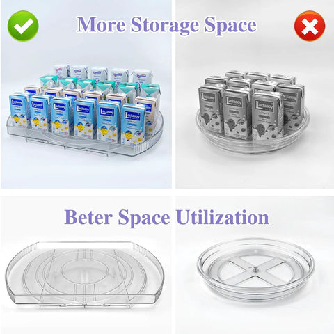 Rectangular and circular rotating lazy Susan turntable organizers with milk cartons displaying space utilization differences. Product: Rotating Lazy Susan Turntable Organizer Rectangular 16.5 Inch By 11.1 Inch For Fridge Pantry And Countertop A Handy Spin To Access Every Item And Keep Your Kitchen Neat And Easy To Find.