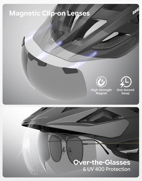 Lightweight Adult Bike Helmet With USB Rechargeable Rear Light, Detachable Magnetic Goggles, OTG Visor shown with lens attachment