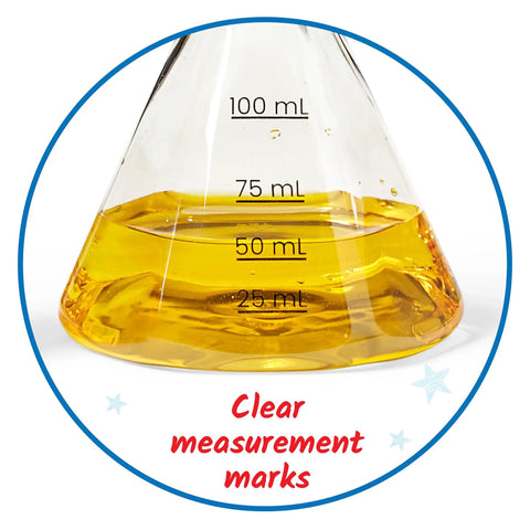 Close-up of 100 mL plastic flask from Starter Science Measuring Flasks Set For Kids showing clear measurement marks and yellow liquid.