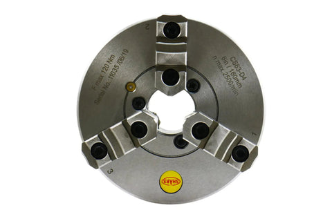 Top Shelf Eight Inch Three Jaw Self Centering Scroll Lathe Chuck Ships With D1 Four Mounting in solid steel for precision work.