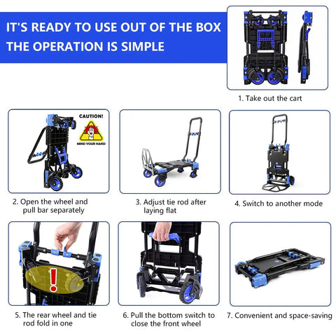 Heavy Duty Folding Hand Truck Dolly With 330Lbs Capacity, Convertible Between 2-Wheel Upright And 4-Wheel Platform Cart, Retractable Handle, Durable Wheels For Easy Moving Of Boxes, Luggage, Groceries, And More. Folded and upright views shown.