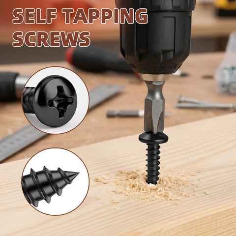 Tough As Nails Number 12 By 1 Inch Pan Head Self Tapping Screws Black Finish 304 Stainless Steel Phillips Drive inserted into wood.