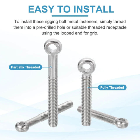 Three 6 Pcs M10x75mm Shoulder Swing Lifting Eye Bolts, 304 Stainless Steel Fisheye Eye Slip Hole Rigging Bolts, Heavy Duty Metal Fasteners displayed vertically on a white background, showing partially and fully threaded areas.