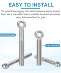 Six Pack Of M5x20mm Shoulder Swing Eye Bolts Made From Tough 304 Stainless Steel, showing partially and fully threaded designs.