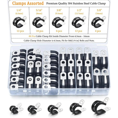 Heavy Duty Stainless Steel Cable Clamps Kit With Rubber Cushion For Hoses And Pipes Adjustable Size 44 Piece Assortment Built To Last