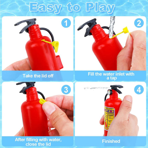Twelve Piece Haul Of Realistic Mini Fire Extinguisher Water Squirt Guns For Kids Summer Pool Parties and Beach Bash Favors featuring durable plastic water gun filling process.