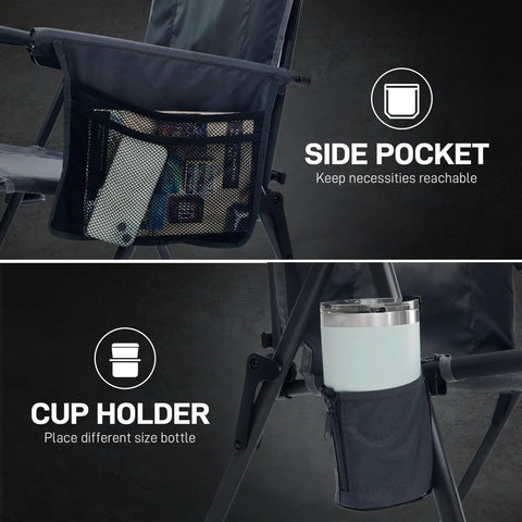 Close-up of Lightweight Folding Recliner Chair For Adults With 4 Position Adjustable Back showing side pocket and cup holder