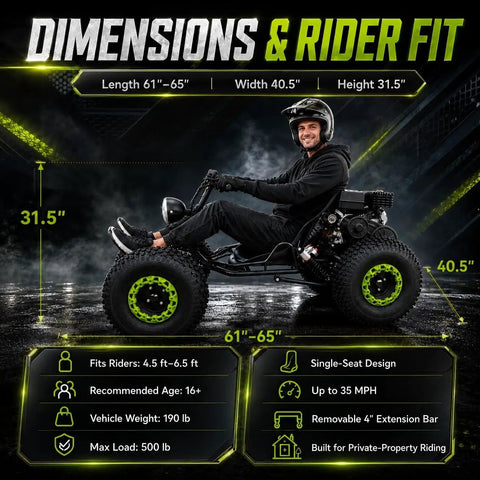 Super Slick 212cc Gas Powered Off-Road Go Kart For Teens And Adults That Hits 35 MPH With A Mighty 7.5 HP Engine dimensions and rider fit