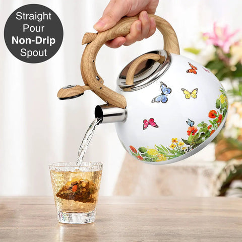 Stovetop Tea Kettle With Wood Pattern Handle, Loud Whistle, 2.7 Quart Food Grade Stainless Steel Pot For Induction And Gas Stoves