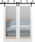 Clear Glass Sliding Barn Closet Doors 84 By 96 Inches With Bypass Hardware Kit Top Mount 8Ft Rails White Silk Finish