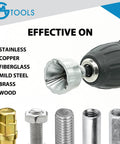 GMTOOLS deburring external chamfer tool with YG8 carbide blade on a drill; set includes 5 metal fasteners.