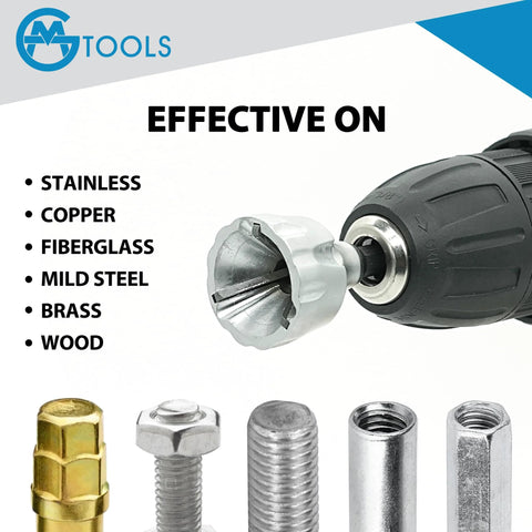 GMTOOLS deburring external chamfer tool with YG8 carbide blade on a drill; set includes 5 metal fasteners.