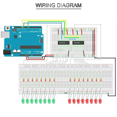 SN74HC595N 8 Bit Serial In Parallel Out Shift Register With Three State Outputs DIP 16 wiring diagram with Arduino and LEDs