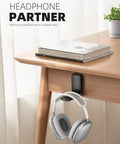 Sticky Headphone Holder Under Desk Clip Adhesive Headset Hanger Mount For AirPods Max HyperX Sennheiser Earphone Clamp No Drilling 500g Capacity Easy Install And Great Mothers Day Gift installed under desk with AirPods Max hanging