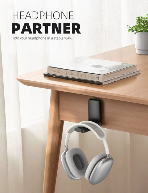 Sticky Headphone Holder Under Desk Clip Adhesive Headset Hanger Mount For AirPods Max HyperX Sennheiser Earphone Clamp No Drilling 500g Capacity Easy Install And Great Mothers Day Gift installed under desk with AirPods Max hanging