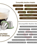 Reusable Coffee Filter Capsules Set For Nespresso Original Machines, 3 refillable pods with coffee and compatibility list.