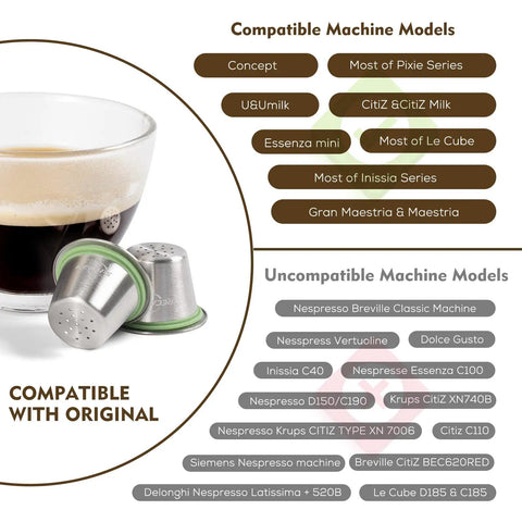 Reusable Coffee Filter Capsules Set For Nespresso Original Machines, 3 refillable pods with coffee and compatibility list.