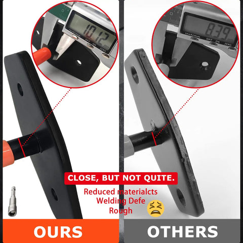 Comparison of Heavy Duty Garage Hooks 4 Pack Wall Mount Tire Storage System with precise measurements highlighting material differences.