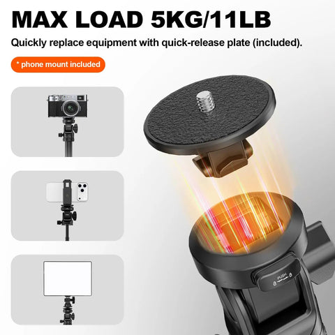 Auto Open 83.4 Inch Light Stand With Quick Release Ball Head showing quick-release plate and max load of 11 lb