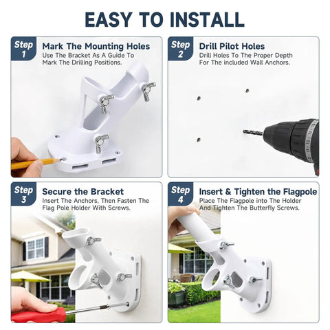 Mighty Sturdy White Flag Pole Holder Bracket For Outside House Walls, 1 Inch Aluminum Outdoor Mount installation steps.