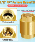 Front view of Boltigen solid brass spring check valve, 1-1/2 inch NPT female threads, inline water valve
