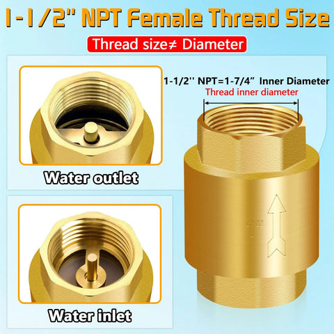 Front view of Boltigen solid brass spring check valve, 1-1/2 inch NPT female threads, inline water valve