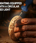 Close-up of Cordless Rotary Tool Kit Mini 7.4V USB Rechargeable 12 Speed Power Drill carving wood, equipped with LED light
