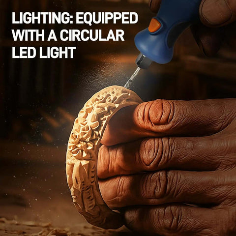 Close-up of Cordless Rotary Tool Kit Mini 7.4V USB Rechargeable 12 Speed Power Drill carving wood, equipped with LED light