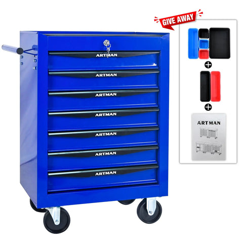 Beast Seven Drawer Rolling Tool Chest For The Garage With Ball Bearing Slides, lockable blue cabinet, side handle and casters
