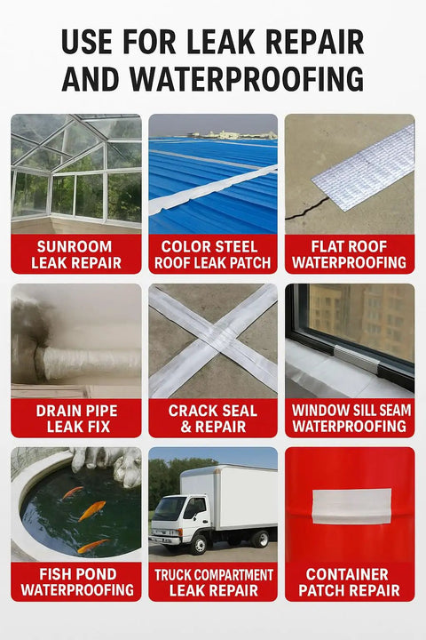 Pro Grade Butyl Waterproof Tape 4 Inch By 16 Foot Aluminum Foil Sealant Tape uses for leak repair on various surfaces.