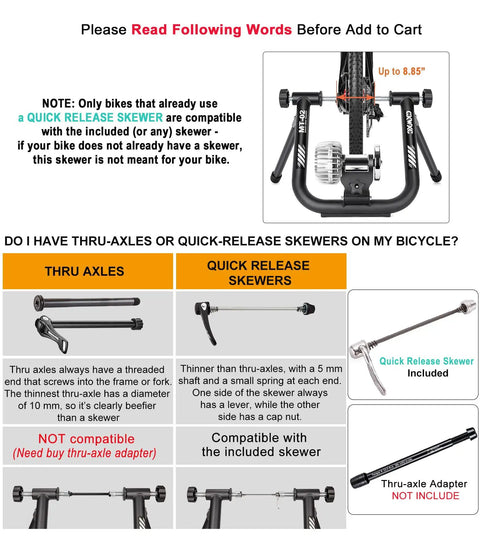 Diagram showing compatibility of quick release skewers with Smart Fluid Bike Trainer For 26-29 Inch Wheels And 700c.
