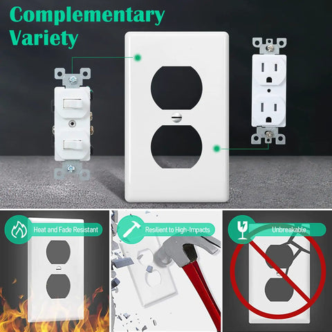 Bulk 50 Pack White Outlet Covers Duplex Wall Plates 1 Gang Standard Size 4.50 x 2.76 Inch Polycarbonate Thermoplastic Receptacle Covers