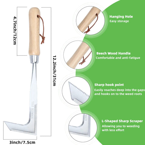 Crevice Weeding Tool With Serrated Tines, Stainless Steel Crack Weeder For Driveways, Sidewalks And Patio Cracks That Effortlessly Removes Weeds And Moss With An L Shaped Blade, 12.2-inch handle