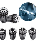Spring Collet Set ER16 12 Piece For CNC Milling Lathe Workholding And Engraving, showing multiple collets and a close-up of machining process