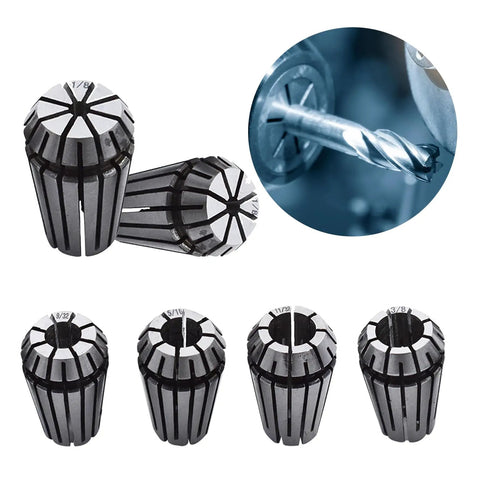 Spring Collet Set ER16 12 Piece For CNC Milling Lathe Workholding And Engraving, showing multiple collets and a close-up of machining process