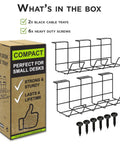 Under Desk Cable Management Tray Set Of Two In Black Heavy Duty Steel Cable Organizer packaging with trays and screws