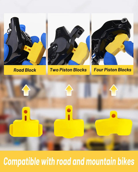 Easy Hydraulic Disc Brake Bleed Kit For MTB Brakes with piston blocks for road and mountain bikes, yellow and black parts.