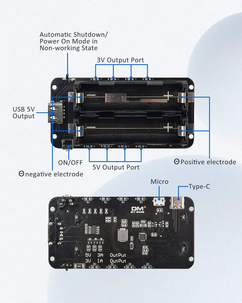 Top view of Dual Pack 1865 Battery Holder With Micro Usb Charging Port showing 3V and 5V output ports and connection details.