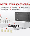 Stainless Steel License Plate Frame Holder with installation accessories including screwdriver, screws, washers, caps, inserts.