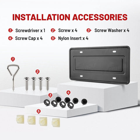 Stainless Steel License Plate Frame Holder with installation accessories including screwdriver, screws, washers, caps, inserts.