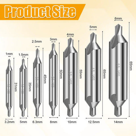 7 Piece M2 High Speed Steel Center Drill Bit Set With 60 Degree Countersink For Lathe And Metalworking Sizes 1.0 to 5.0 mm