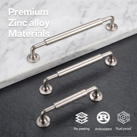 10 Pack Zinc Alloy Offset Curved Drawer Pulls 6.3 Inch Brushed Nickel Cylindrical Cabinet Handles Displayed Horizontally