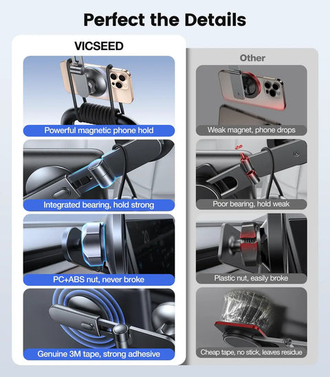 Comparison of Tesla Phone Mount With Ultra Strong Magnet Power Foldable Hidden Car Holder and other mounts illustrating features.