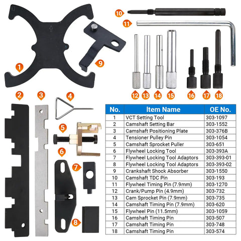 18Piece Engine Timing Tool Kit With Camshaft Lock And Flywheel Lock For Ford EcoBoost TiVCT Duratec Engines Replaces 3031097 3031552 Fits Ford Focus Fiesta Escape Mazda 3 Volvo For Precise Timing Alignment showing full tool set with item list