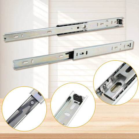 Heavy Duty 9 Inch Side Mount Drawer Slides Solid Ball Bearing Cabinet Hardware showcasing smooth steel tracks and snap installation.