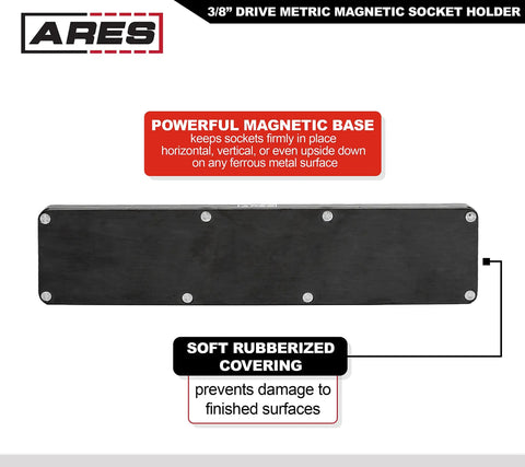 3/8 Inch Metric Magnetic Socket Organizer base view showing soft rubberized black covering and magnetic points for socket storage.